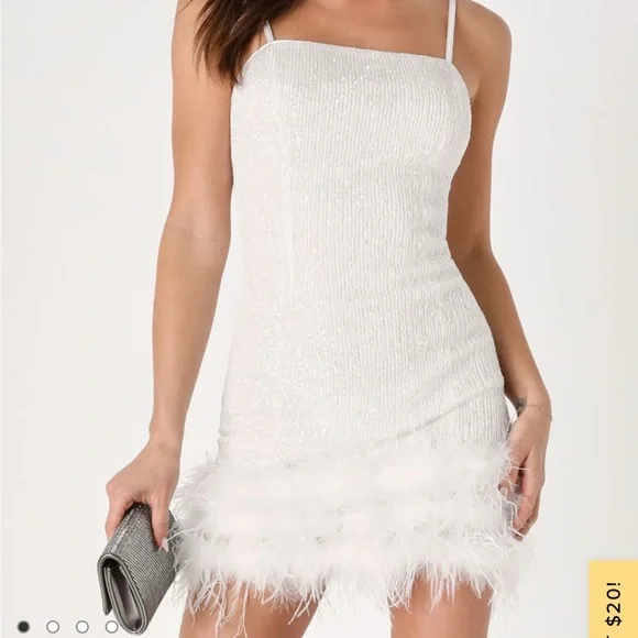 White Sequined Feathered Sleeveless Mini Dress - Picture 3 of 3